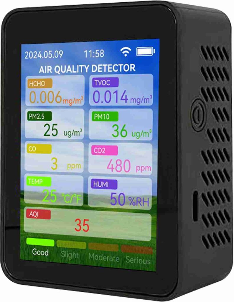 Tuya WiFi Luftqualitätsmesser – Tragbares Messgerät für CO2, CO, HCHO, TVOC, PM2.5/PM10, Temperatur & Luftfeuchtigkeit mit 2,8" TFT & Alarm