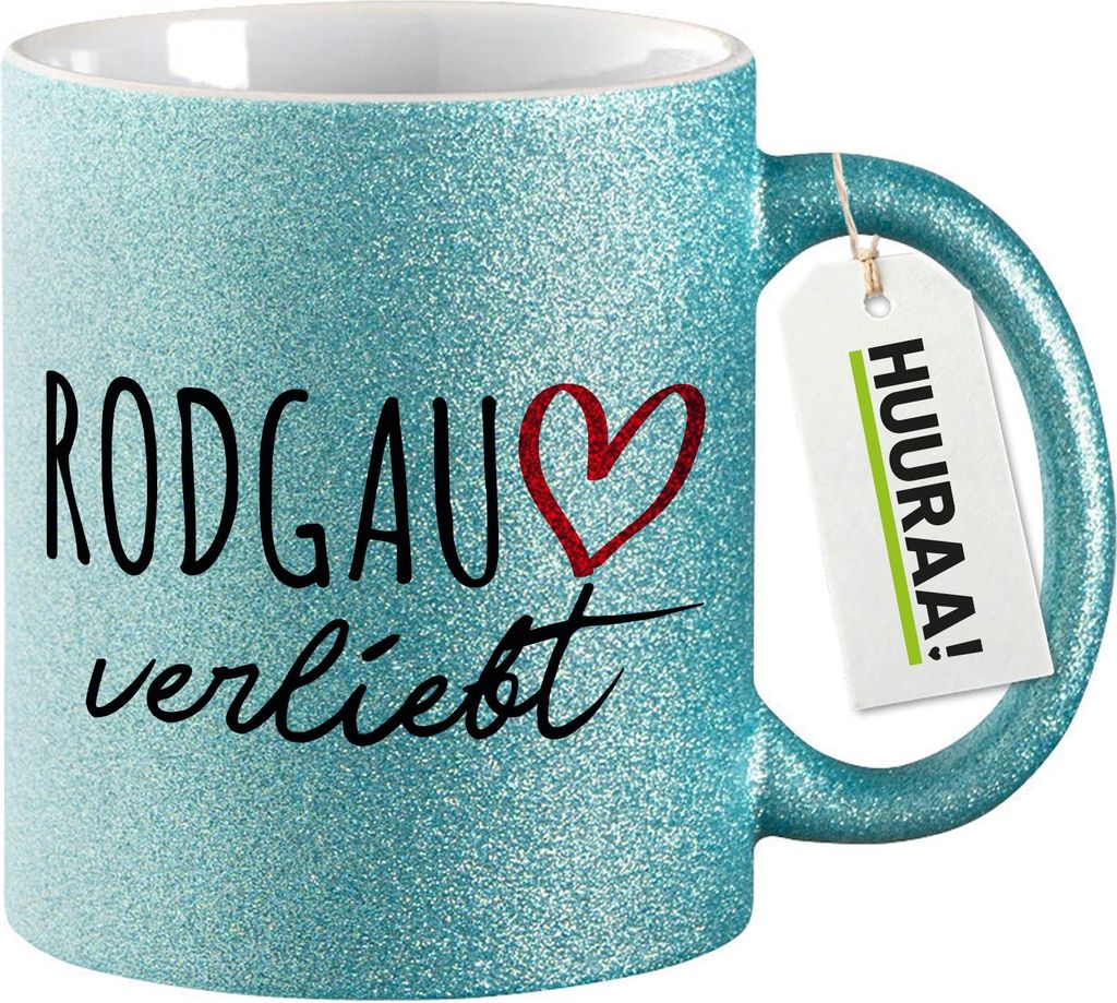 Huuraa Glitzertasse Rodgau verliebt 330ml Blau Keramik Kaffeebecher Geschenkidee