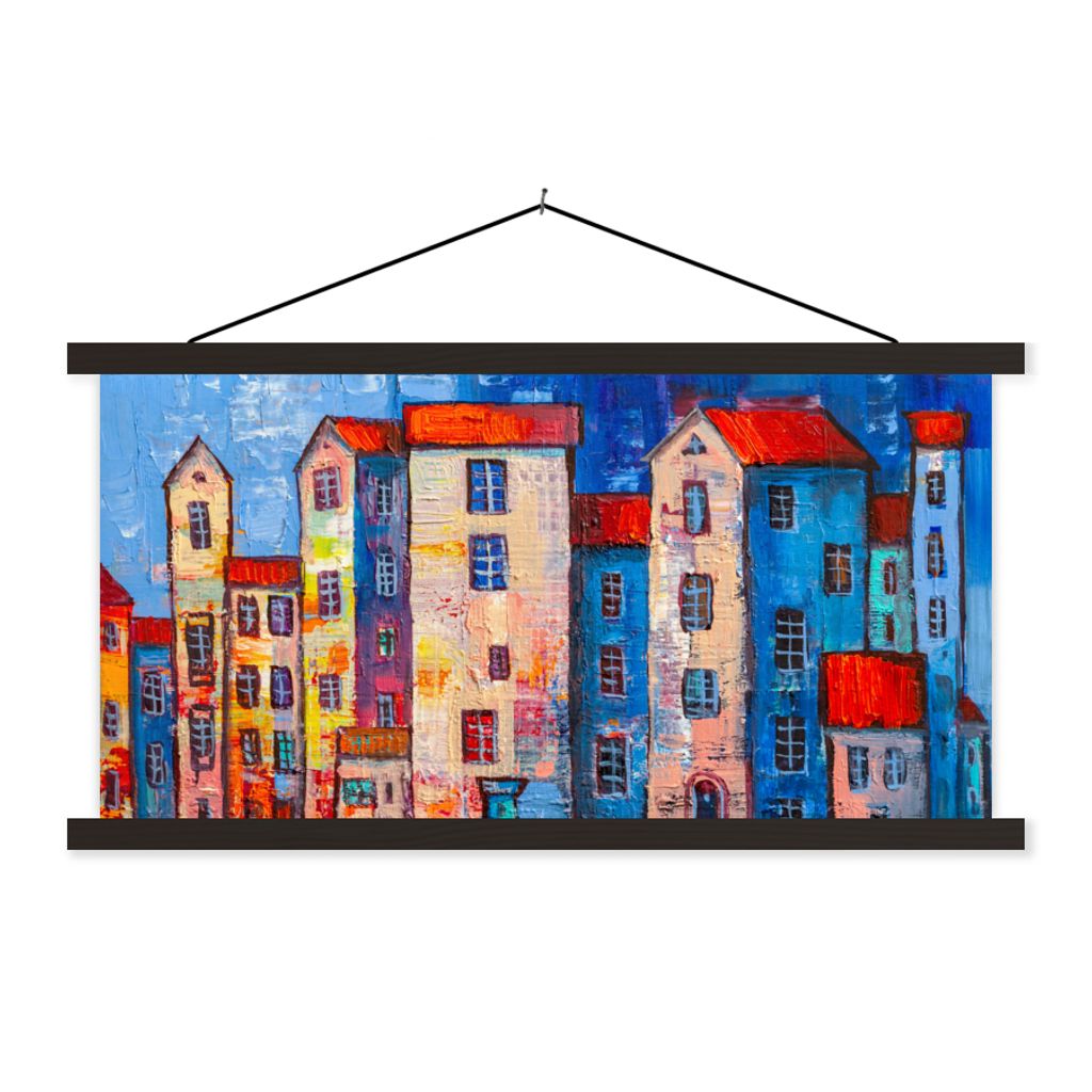 MuchoWow Textilposter Gemälde - Ölfarbe - Haus - Wasser 60x30 cm mit schwarzem Rahmen - Textilien