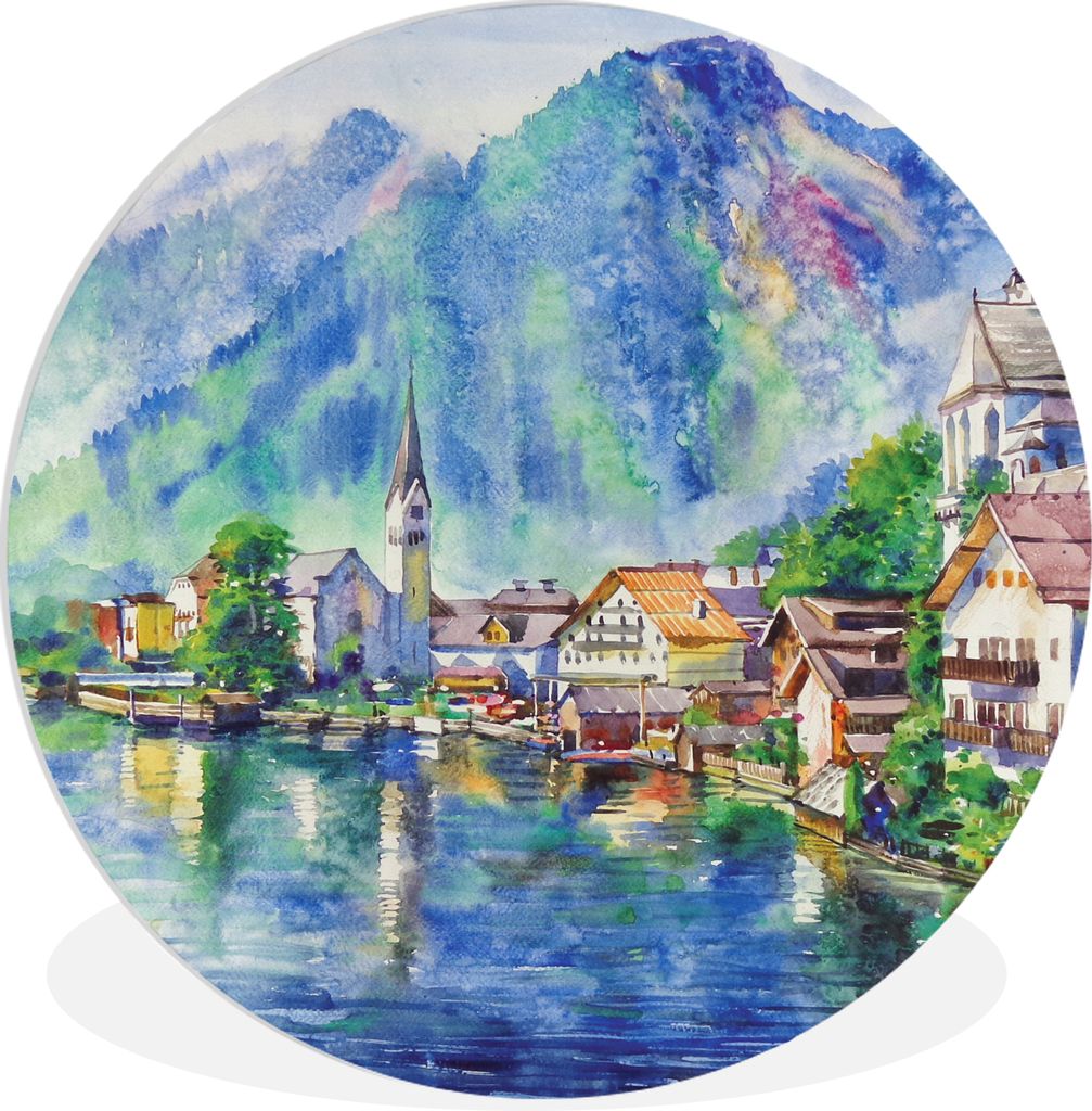 MuchoWow Rundes Wandbild - Runde Bilder Gemälde - Ölfarbe - Haus - Berge - Wasser Ø 60 cm Kreis Wanddekoration Kunststoff - Wandkreis - Wandsc...