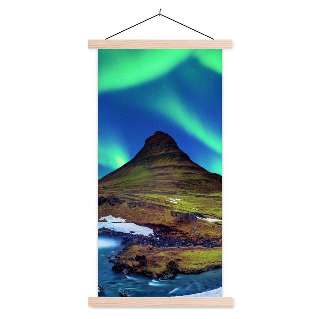 MuchoWow Textilposter Nordlicht - Sternenhimmel - Island - Berg - Grün - Wasserfall - See 60x120 cm mit holzfarbenen Rahmen - Holz