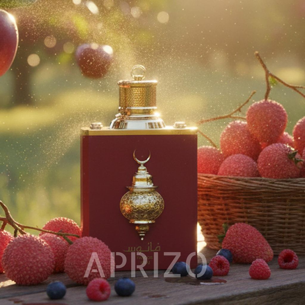 A perfume bottle is displayed outdoors with fruits and a basket.