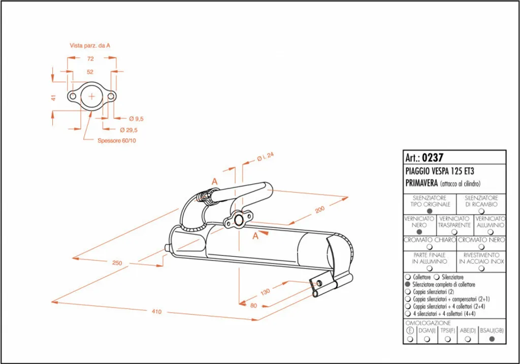 Pot d'échappement complet SITO pour Vespa 125 ET3 Primavera en Acier