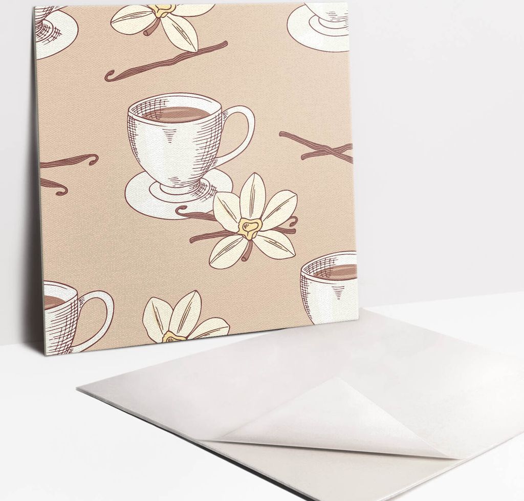 Fliesenaufkleber Set für Bad und Küche - 9 Fliesen Selbstklebend PVC - 30 x 30 - Eine Tasse Kaffee mit einer Vanilleschote