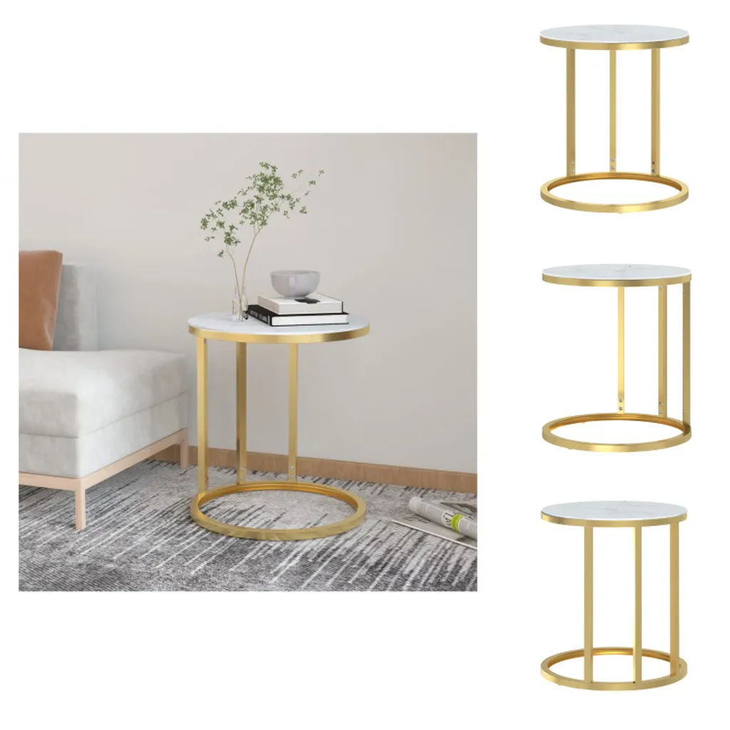 Bout de canapé en verre trempé effet marbre blanc et pied doré 45cm