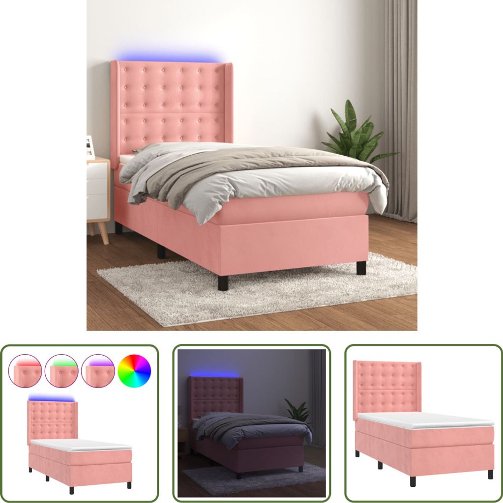 The Living Store Boxspringbett mit Matratze & LED Rosa 90x200 cm Samt