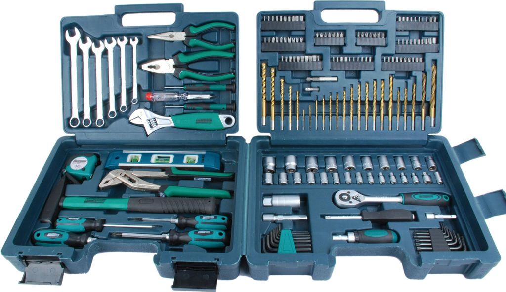 A tool kit laid out in an open case.