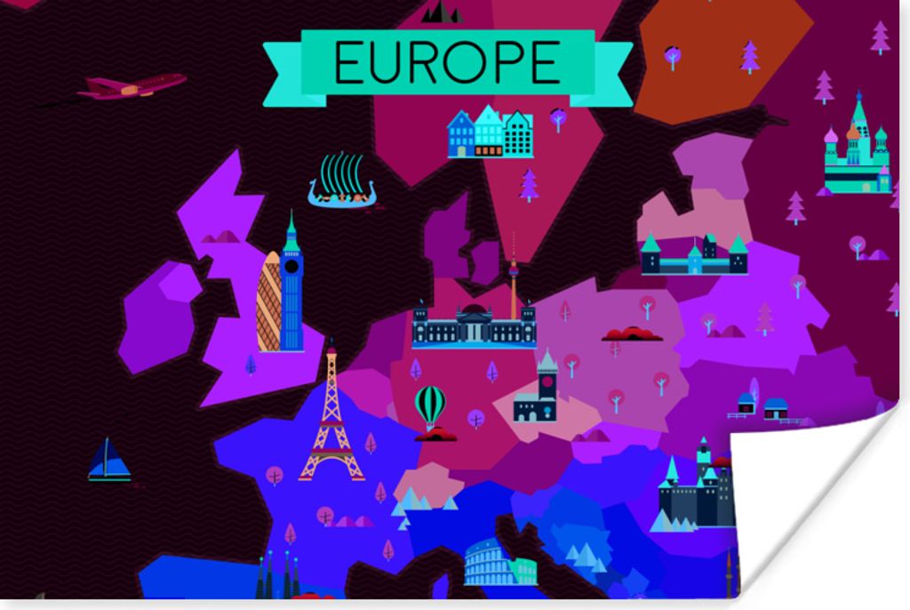 MuchoWow Poster Karte - Europa - Architektur 30x20 cm - Plakate - Print
