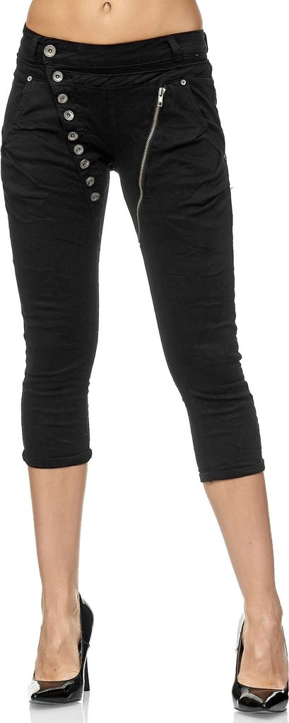 Elara Damen 3/4 Jeans Slim High Waist Capri Hose C9362K-15 Black-38 (M)