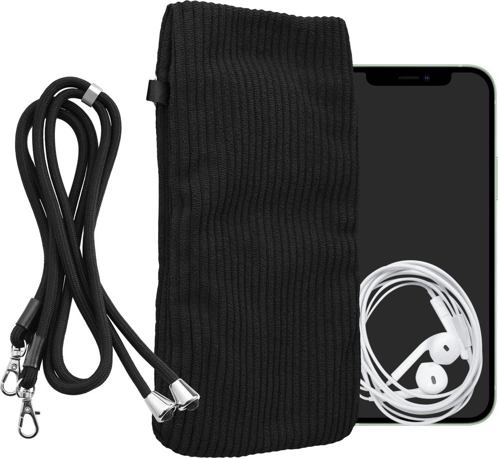 kwmobile Handytasche für Smartphones XL - 6,7/6,8" Handy Tasche - Cord Handy Hülle Schwarz mit Kordel - Tasche mit Handykette 16,7 x 9,5 cm Innen...