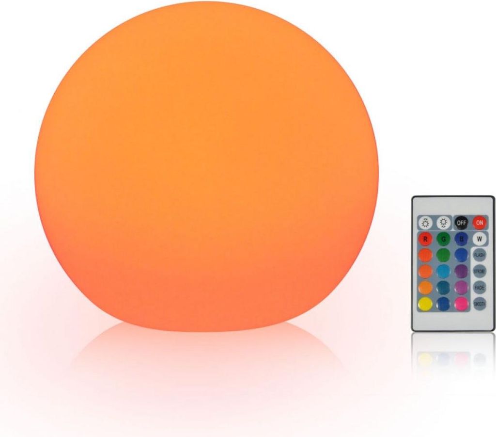 A glowing orange sphere lamp and a remote control on a white background.