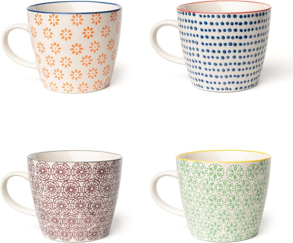 Parusia Tassen Set "Zuhause", handgestempeltes, buntes Muster, 4 Kaffeetassen mit je 280ml Fassung, Kaffeebecher aus Porzellan, Teetassen im Retro-...