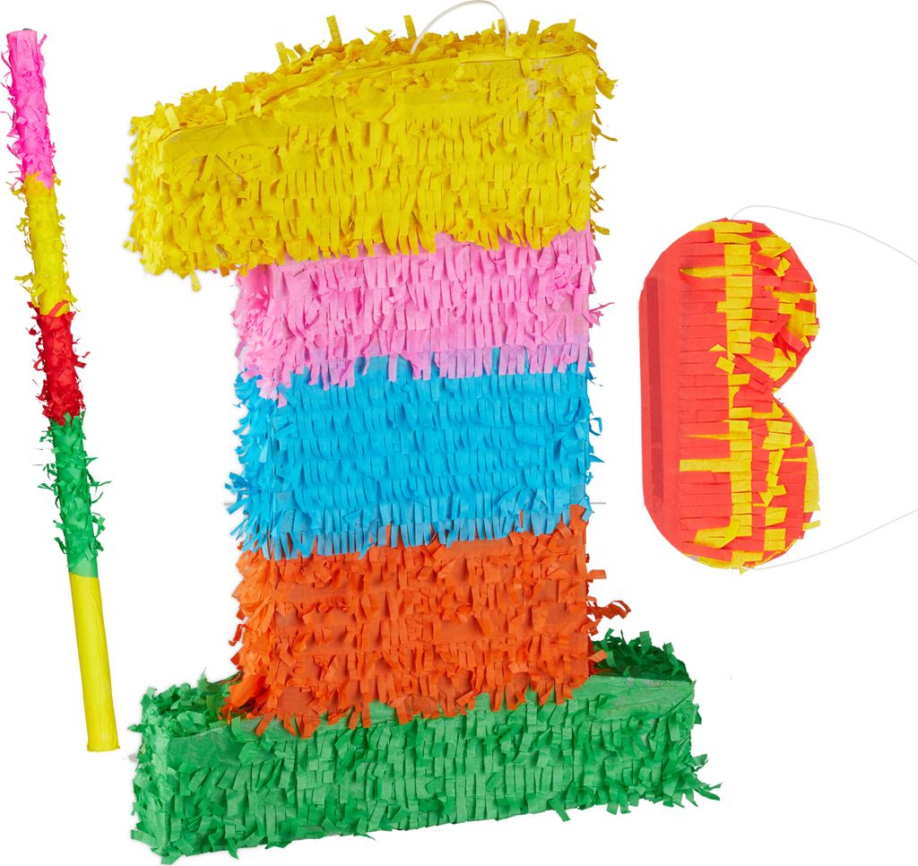 3 tlg. Pinata Set Geburtstag, Zahl 1, Pinatastab mit Augenmaske, Kinder & Erwachsene, Piñata zum selbst Befüllen, bunt