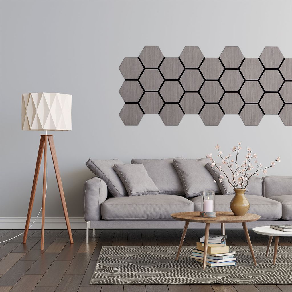 Homestyle4u Wandpaneel 62x76 4er Set Akustikpaneele Holz Wandpaneele Grau Hexagon Paneele Wohnzimmer Deckenpaneele Wandverkleidung