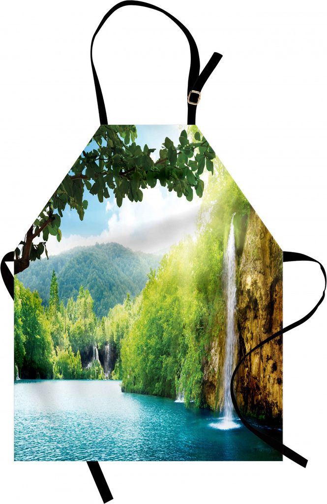 ABAKUHAUS Wasserfall Kochschürze, Kroatische Seelandschaft im Wald mit Mountain View-Hintergrund-Kunstwerk, Farbfest Höhenverstellbar Waschbar Kl...
