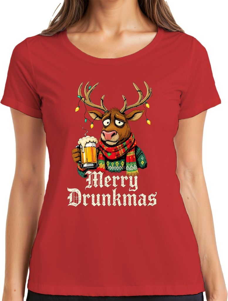 Merry Drunkmas Rentier Bier Weihnachten Lustig Geschenk Ugly Damen T-Shirt, Rot, L