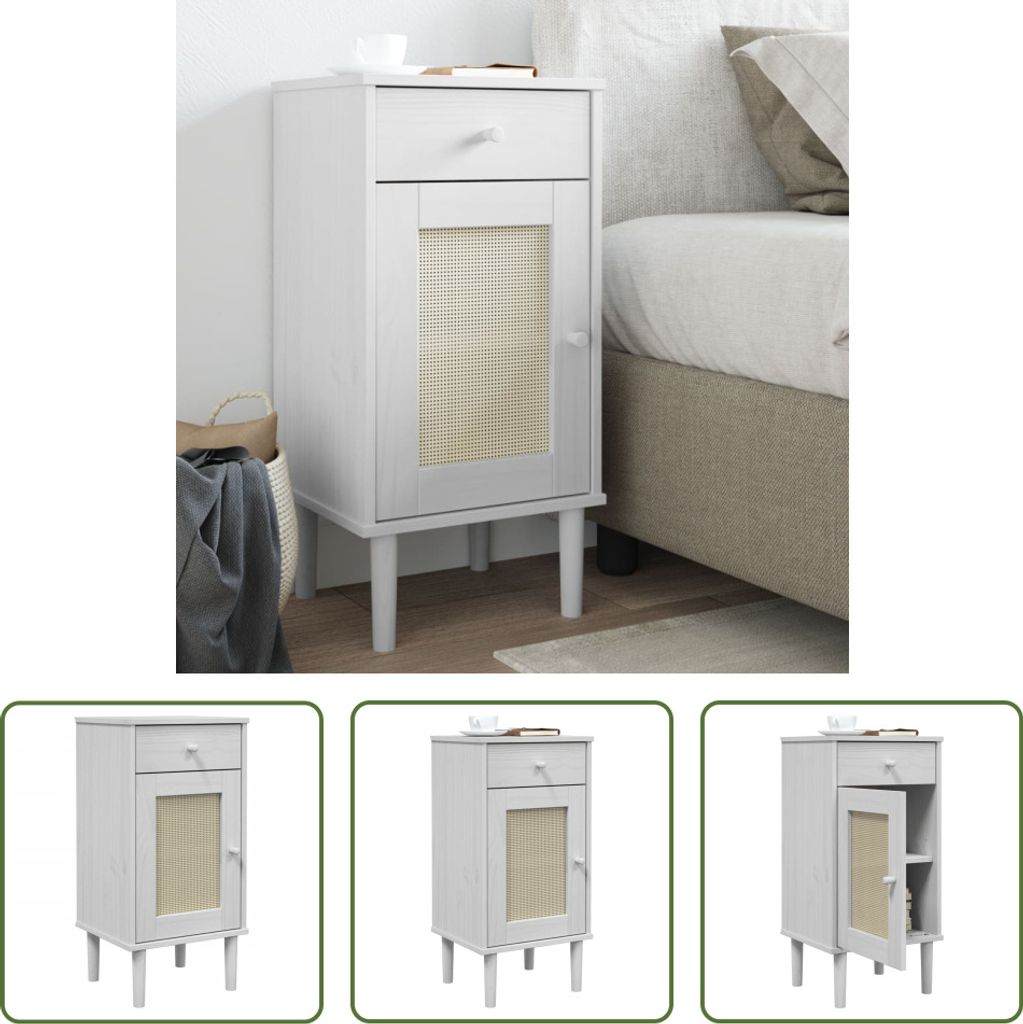 The Living Store Nachttisch SENJA Rattan-Look Weiß 40x35x80 cm Massivholz Kiefer