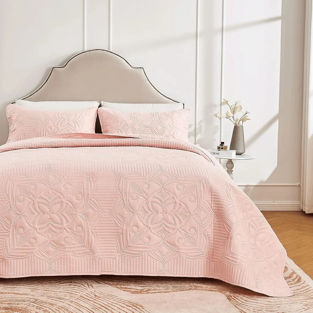 Couvre-lit rose anti-plis 220x240 cm, microfibre légère facile d'entretien