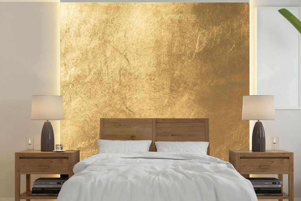 MuchoWow Fototapete für Wohnzimmer oder Schlafzimmer Wandtapete Vinyl Motivtapete Licht fällt auf eine goldene Wand - 220x220 cm - Tapeten