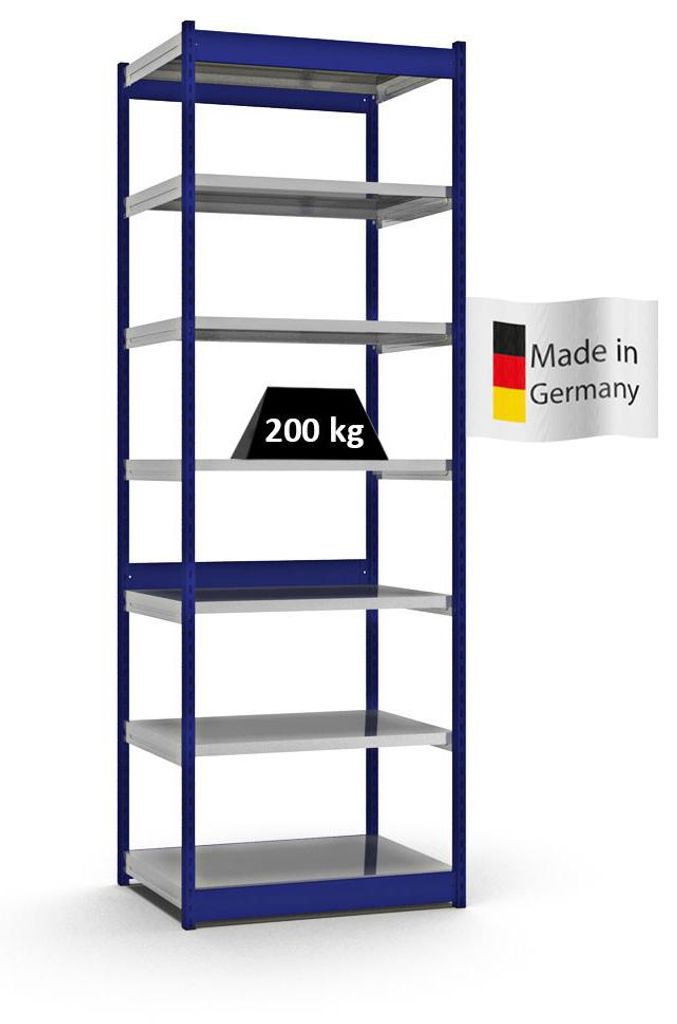 PROREGAL Fachbodenregal Stecksystem Vierkant-Profil MAGNUS Germany | HxBxT 300x102,5x60cm | 7 Ebenen | Fachlast 200kg | Enzianblau/Verzinkt