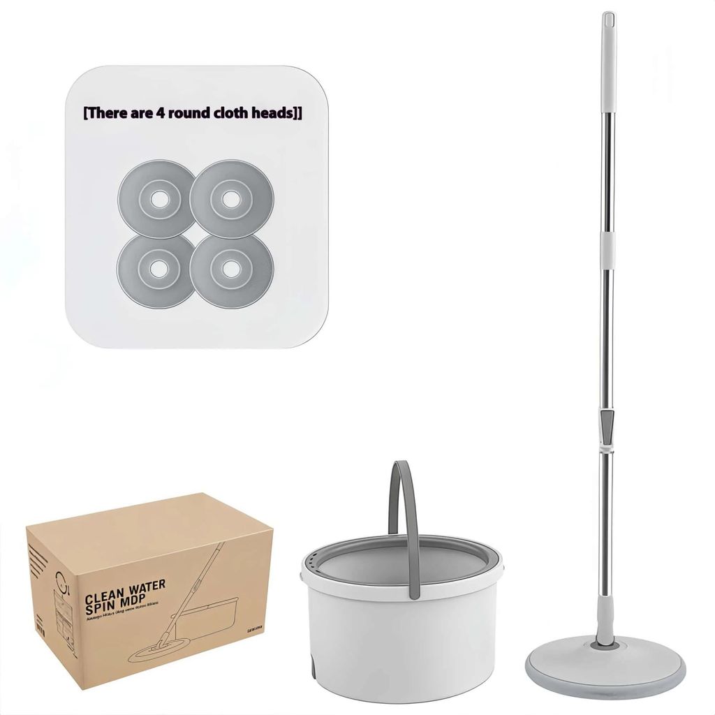 Wischmopp-Set mit Eimer - Rotierender Spin-Mopp - 4 Mikrofaser-Köpfe - Stiel aus Stahl - Eimer mit Schleuderkorb - Schnelle Aufnahme unter 10 s - ...