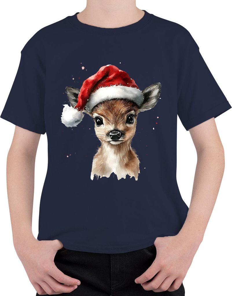Rehkitz Weihnachten Santa Aquarell niedlich Geschenk Winter Uni Kinder T-Shirt, Navy, 140