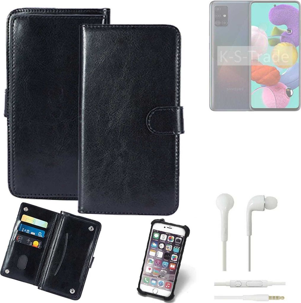 K-S-Trade 360° Hülle kompatibel mit Samsung Galaxy A51 inkl. Headphones schwarz Kunstleder Case BookCase WalletCase Kunstlederederhülle