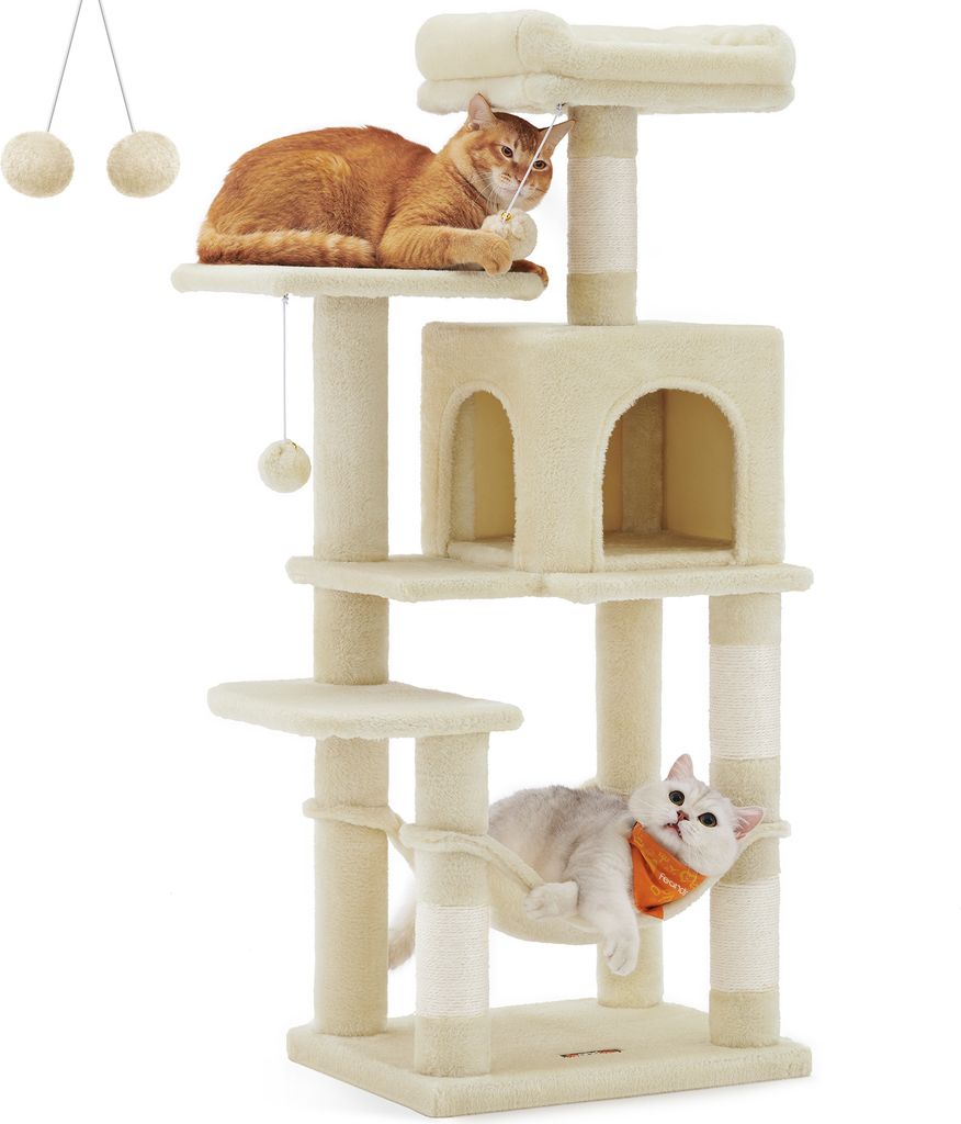 FEANDREA Kratzbaum, 112 cm, Katzenbaum mit Hängematte, mehrstöckiges Katzenhaus, Beige