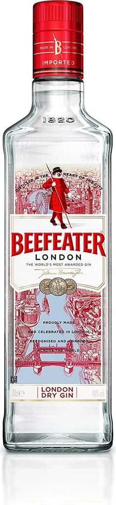 A bottle of Beefeater London Dry Gin against a white background.