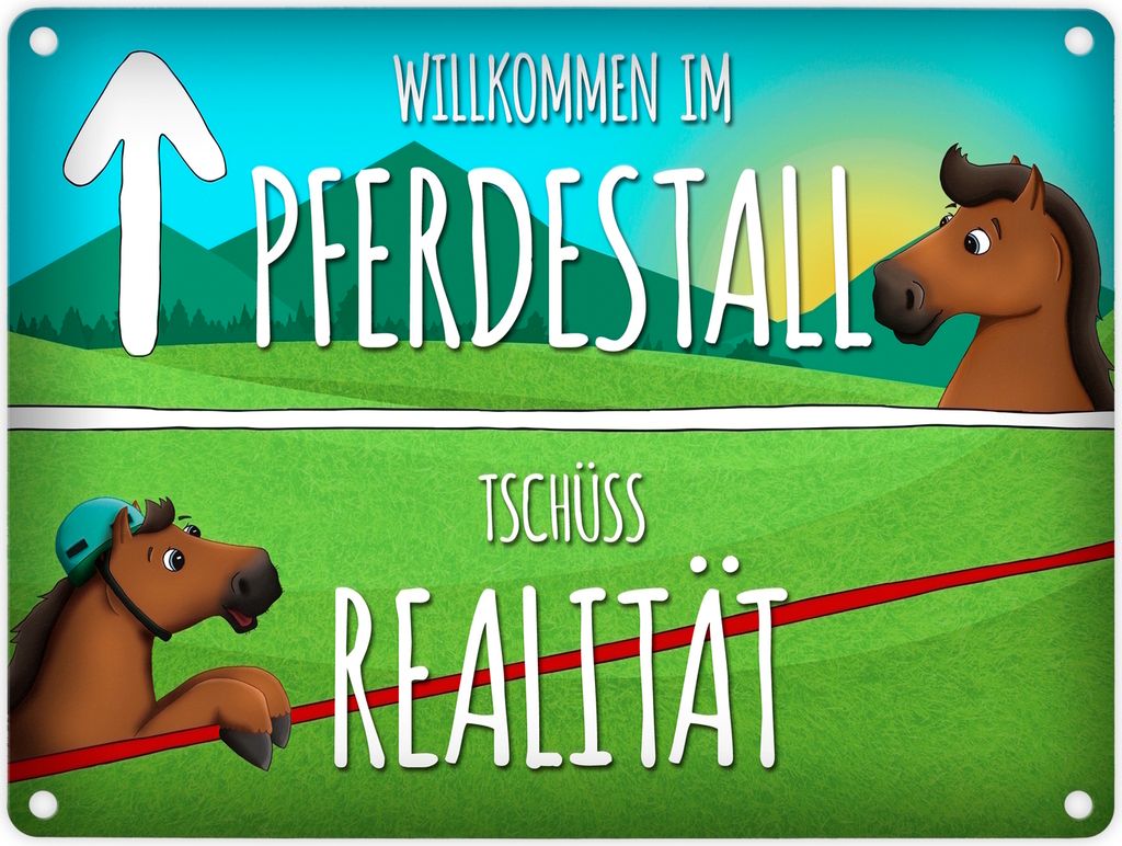 Metallschild mit Pferde Motiv und Spruch: Willkommen im Pferdestall Blechschild