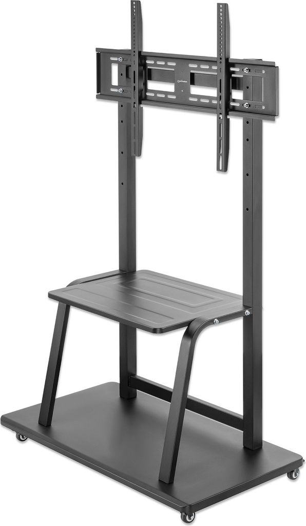 A black metal TV stand with a shelf and wheels, shown against a white background.