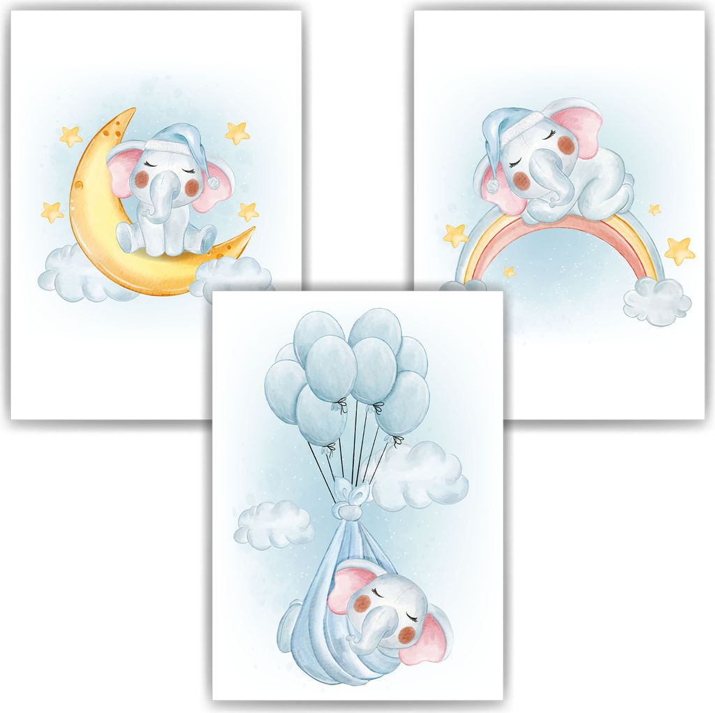 3er Set Poster Elefant Bilder für Kinderzimmer Babyzimmer Deko Kinderposter Babyparty – DIN A4 (21x29.7cm)
