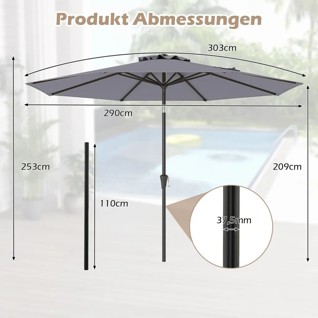 Parasol de terrasse gris 300 cm inclinable : fini la chaleur étouffante