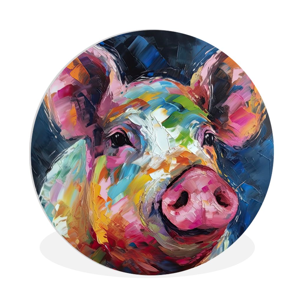 MuchoWow Rundes Wandbild - Runde Bilder Schwein - Ölfarbe - Tiere - Kunst Ø 90 cm Kreis Wanddekoration Kunststoff - Wandkreis - Wandschmuck - W...