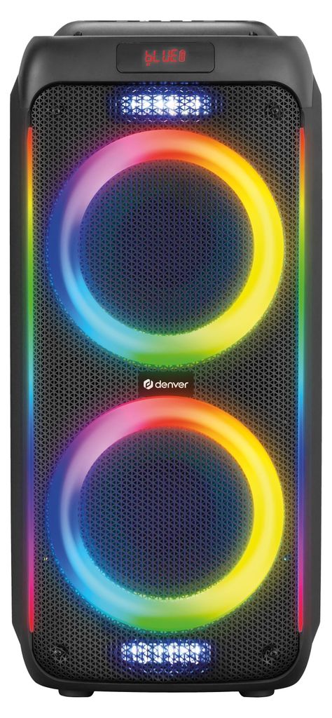 A black Denver BPS-458 Bluetooth Party Speaker with colorful LED lights.