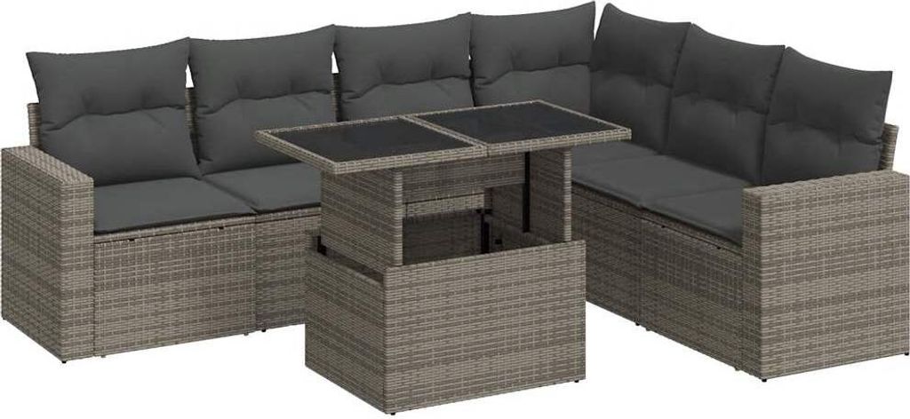 7-tlg. Garten-Sofagarnitur mit Kissen Grau Poly Rattan