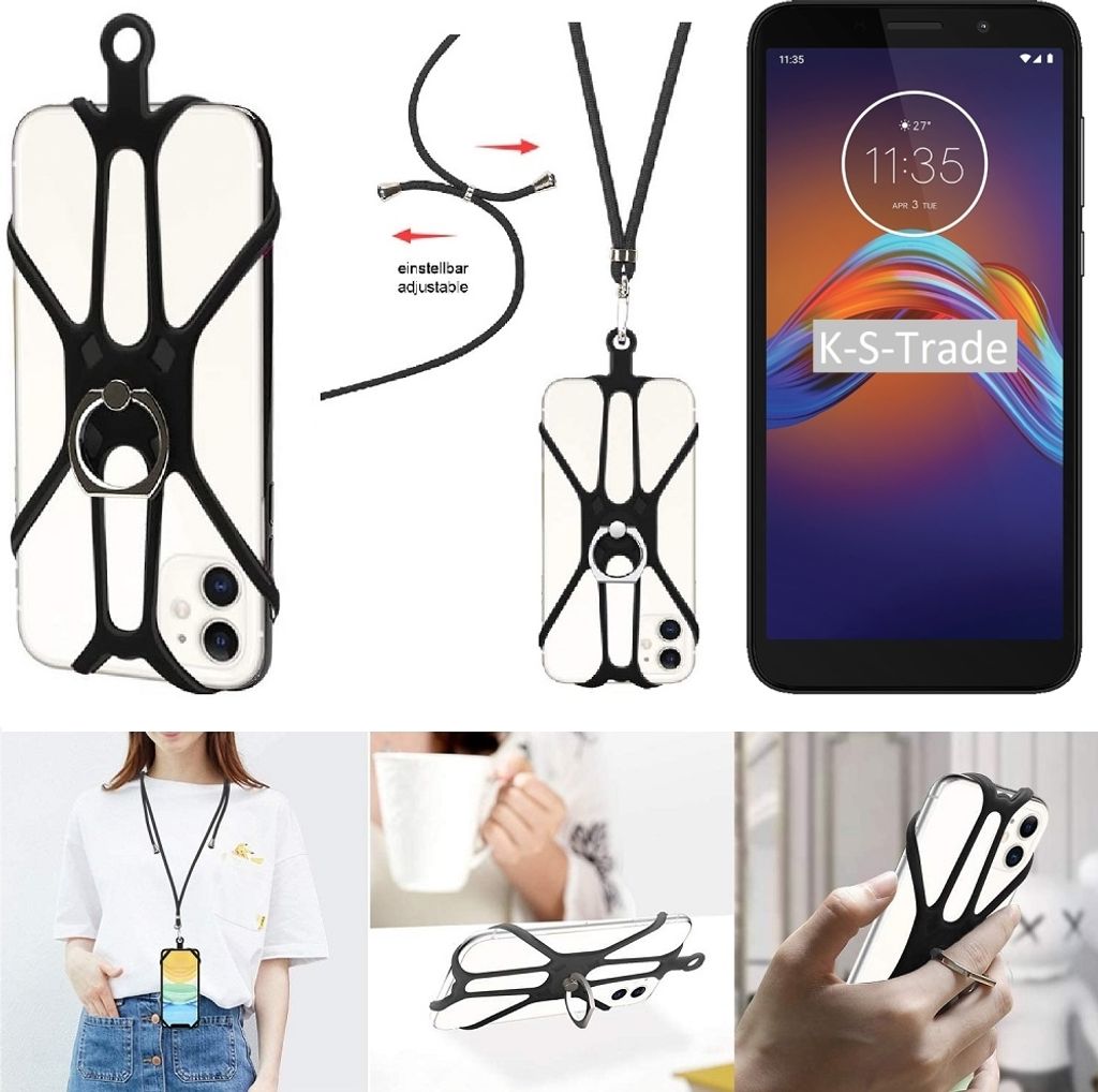 K-S-Trade 3in1 Handykette Handyband Handykordel Halsband Smartphone-Ring Handy-Ring kompatibel mit Motorola Moto E6 Play Fingerhalterung Handyring