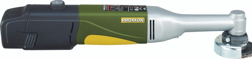 A studio shot of a Proxxon angle grinder on a white background.