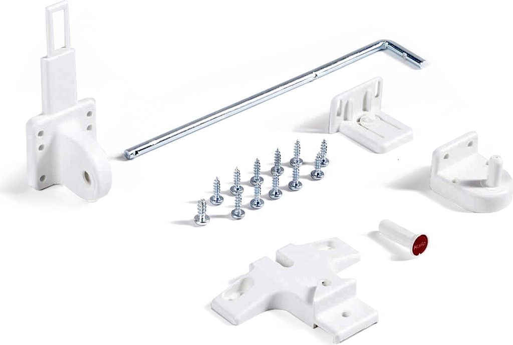 A collection of white plastic and silver metal hardware components, likely for a waste bin, laid out on a white background.