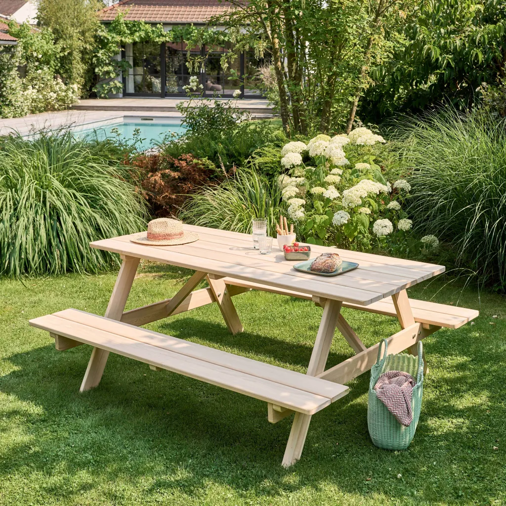Table de pique-nique bois 6 places stable et durable pour jardin
