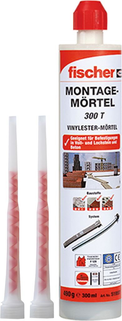 A product shot of a tube of Fischer Montagemörtel FIS VL 300 T with two applicator nozzles.