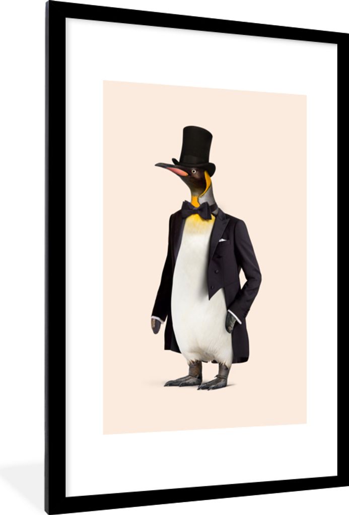 MuchoWow Gerahmtes Poster Pinguin - Tier - Hut - Schwarz 60x90 cm - Poster mit Schwarzem Bilderrahmen Wandposter Rahmen Foto Bilder - Dekoration ...