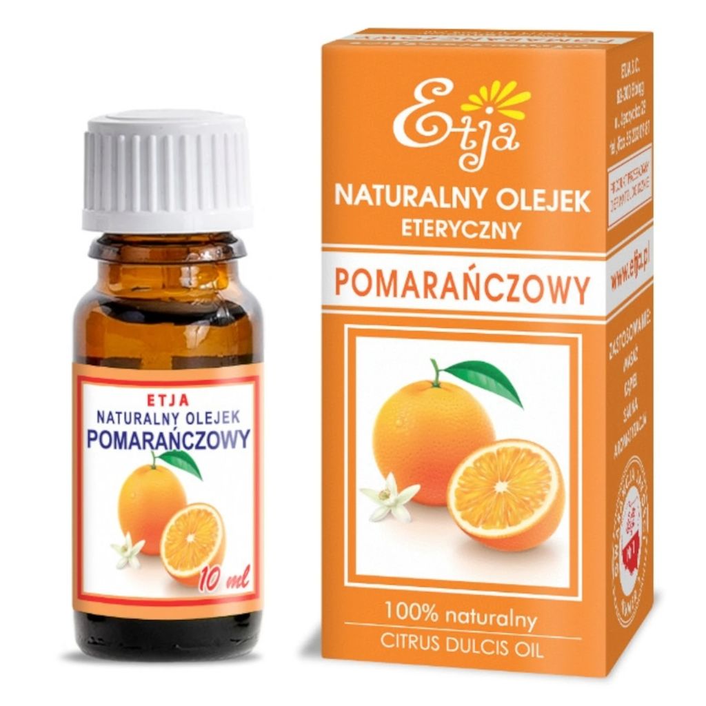 A bottle of orange essential oil and its packaging.
