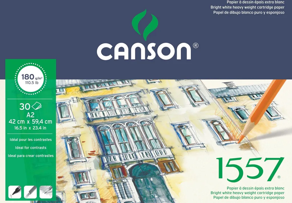 Canson Pad 1557 Papier Dessin A2 180g - Bloc de 30 Feuilles Blanc