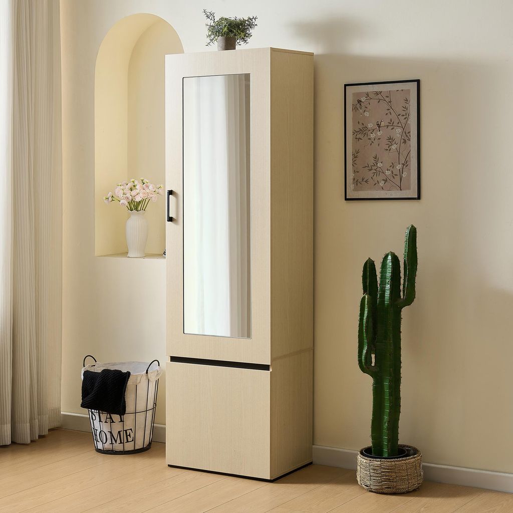 Merax Schmaler Garderobenschrank mit Spiegel und ausziehbarer Kleiderstange, Kleiderschrank aus MDF in Holzoptik, platzsparende Flurschrank