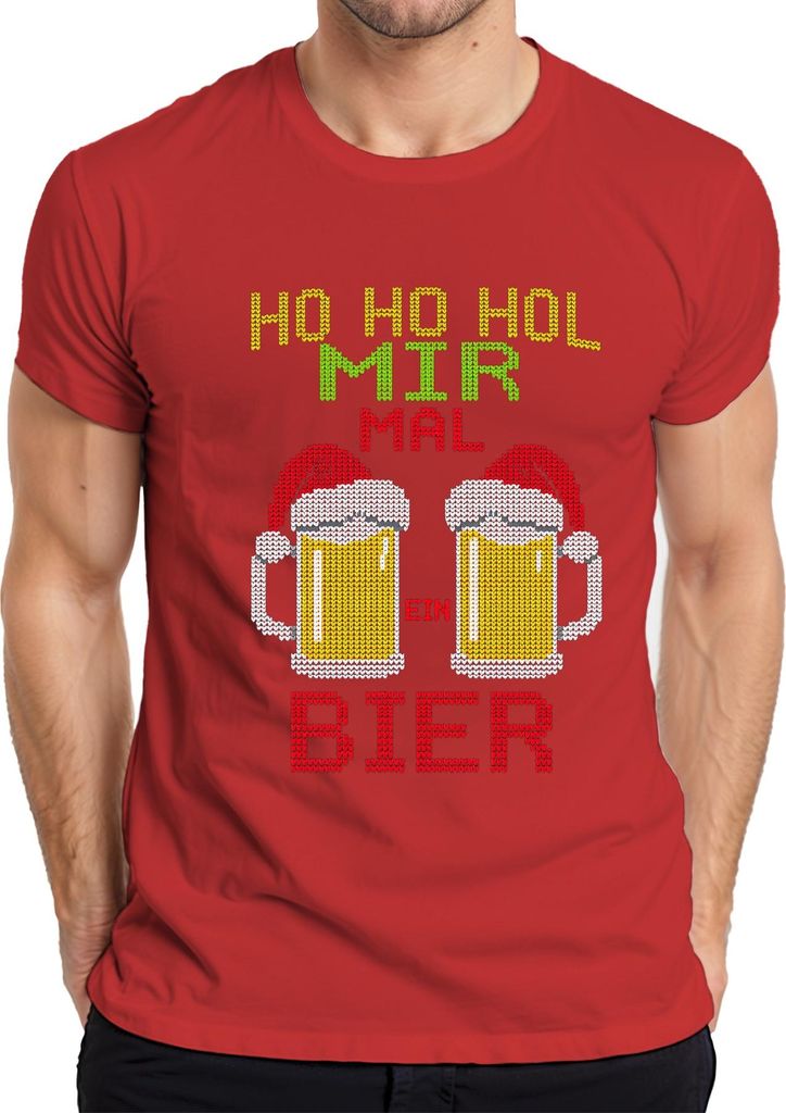 Ho Ho hol mir mal ein Bier Weihnachtsstrick Bierkrug Bierliebhabe Herren T-Shirt, Rot, XL