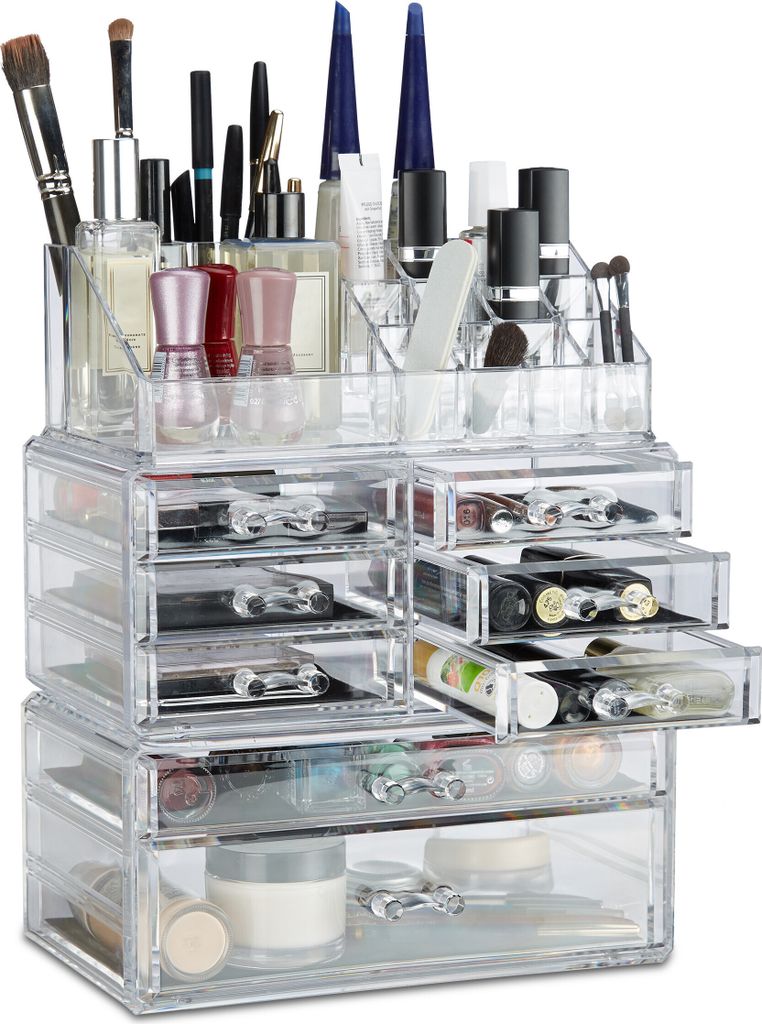 2 x Make Up Organizer mit Schubladen, stapelbares Kosmetikregal für Schmuck & Make Up, Schminkaufbewahrung, transparent