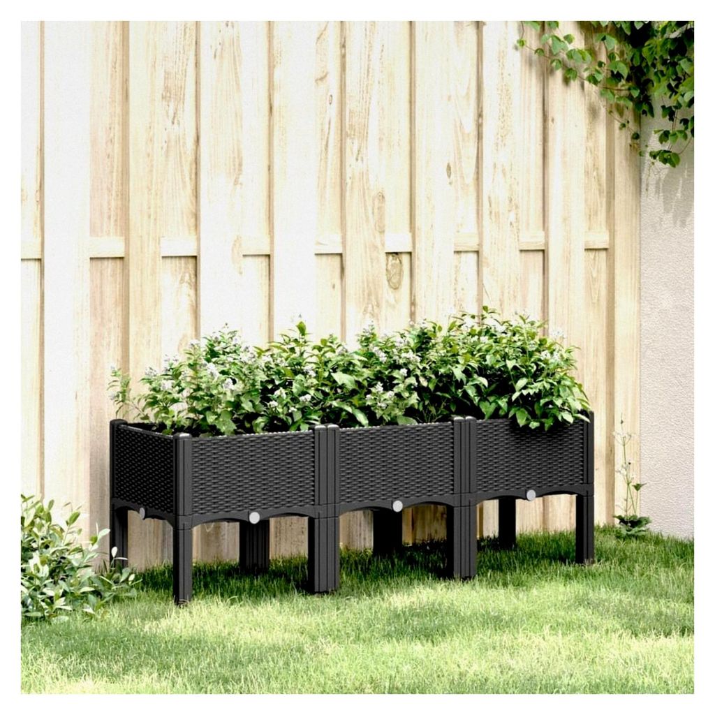 Blumenkasten mit Füßen, Schwarz, 120 x 40 x 42 cm, Polypropylen, Hochbeet, Pflanzgefäß für Blumen und Sukkulenten, Terrasse und Balkon
