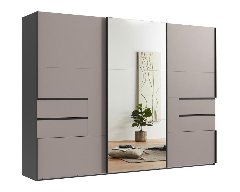 Schwebetürenschrank Kleiderschrank 300 cm Grafit, Schubladen Sand Grau m.Spiegel / 22057
