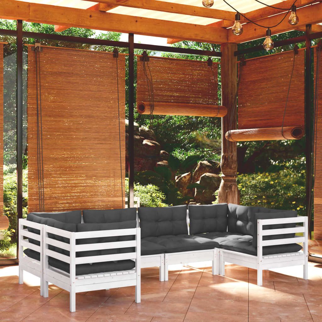 "Rabatt" 6-tlg. Garten-Lounge-Set - Wetterfestes Sitzgruppe - für 5 Personen - mit Kissen Weiß Kiefernholz - Lounge-Dining set CC3501